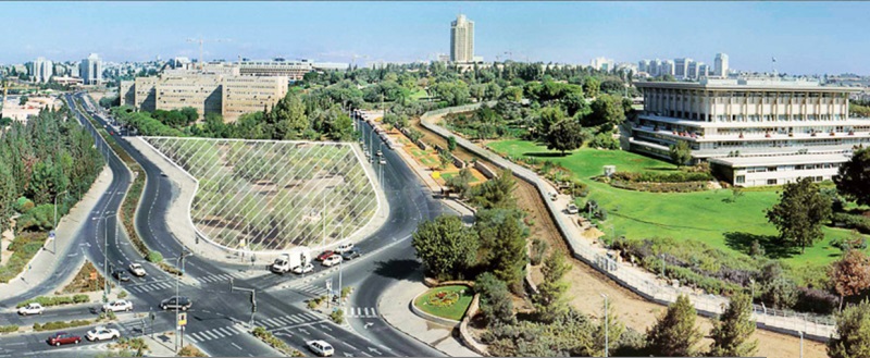 The future site of the National Library, on the right - Israel's Parliament, the Knesset